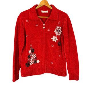 Vintage Chenille Christmas Sweater, Red Cardigan, Embroidered Festive Holiday